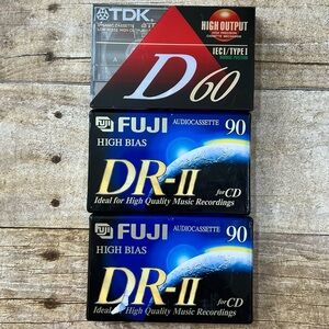 Lot of 3 Vintage Blank Cassette Tapes TDK D60 Type I Fuji DR-II 90 Type II‎